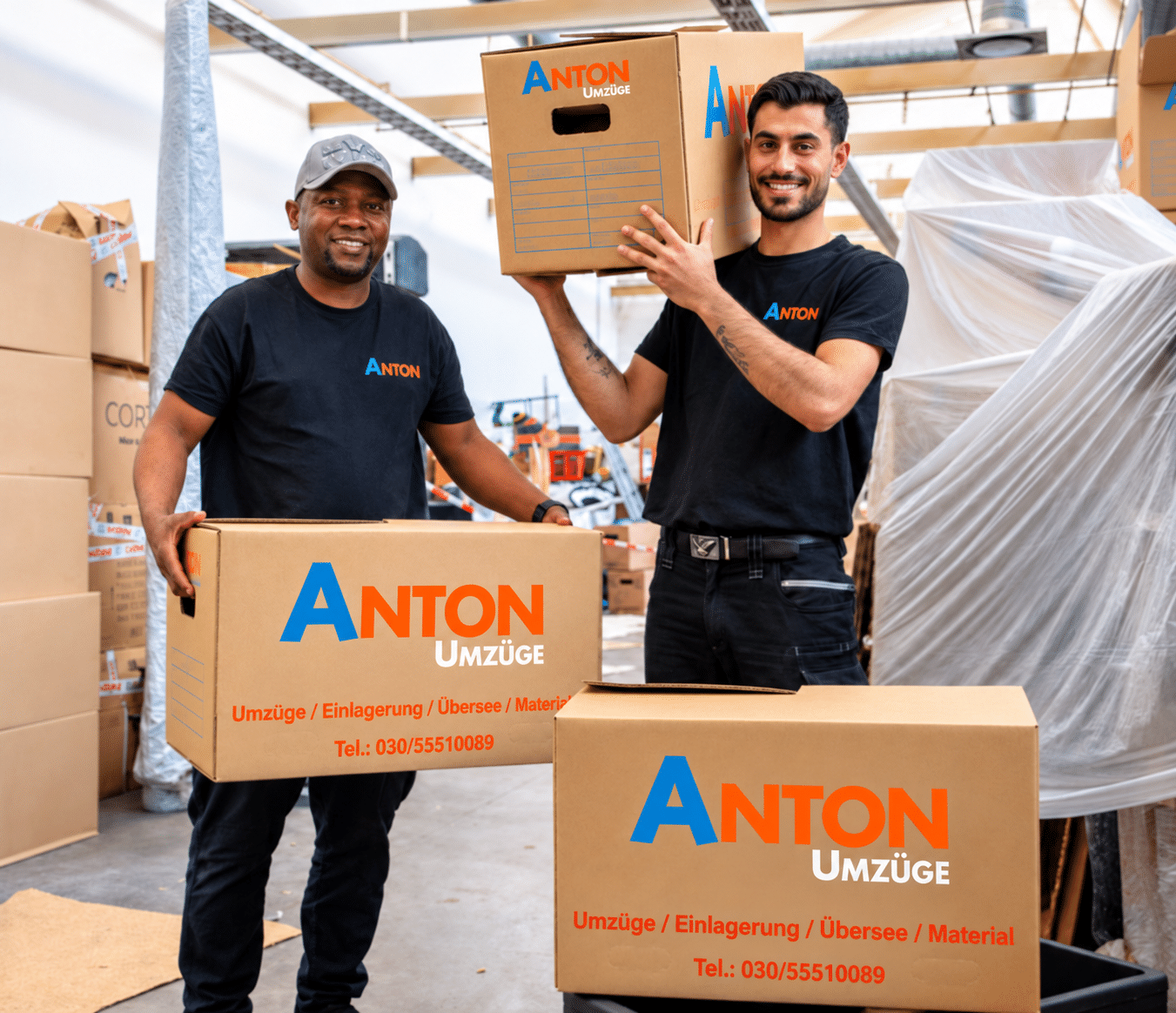 Home branded movers in warehouse setting